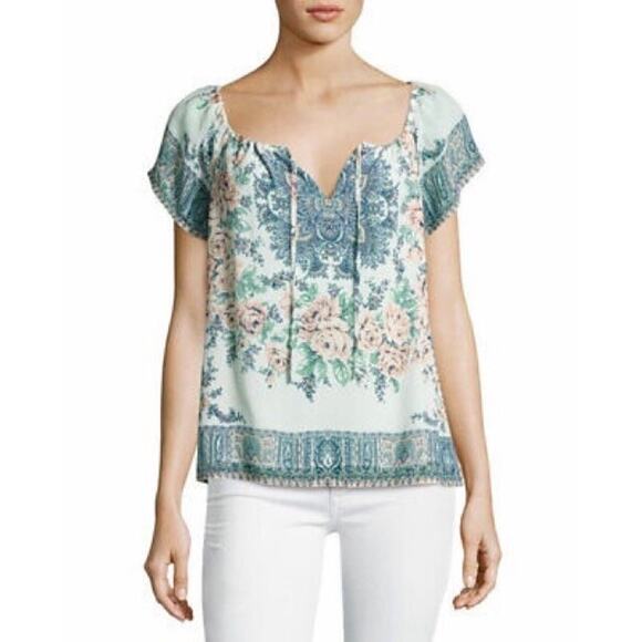 Joie Taj Delft Blue Floral Border Print Silk Flutter Sleeve Peasant Blouse SZ M - Picture 3 of 13